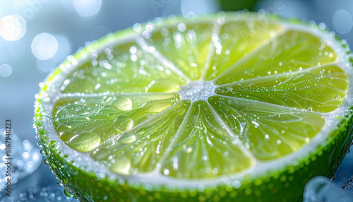 Macro lime slice with sparkling droplets, crisp citrus texture detail. Closeup citrus cross section, fresh moisture beads, vibrant bokeh light. Juicy lime wheel with water spray