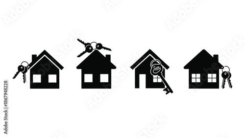 Black house icons with keys on white background for real estate concepts