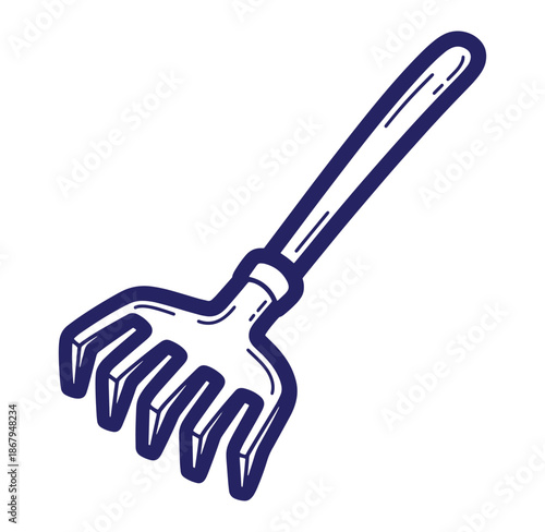 Isolated blue and white garden rake tool illustration in clean line art style