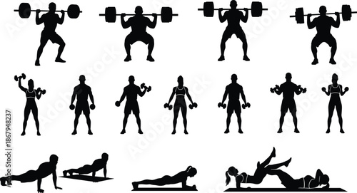 Mega Collection of Gym Fitness Silhouettes Featuring Men and Women Weightlifting Bodybuilding Powerlifting Yoga and Cardio Poses for Workout Graphic Design