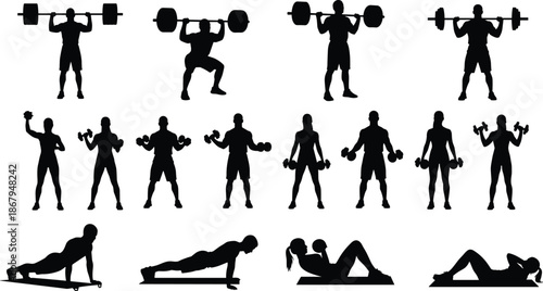 Large Set of Fitness Silhouettes Featuring Men and Women Weightlifting Bodybuilding Training and Yoga Poses for Gym Marketing and Workout Graphics