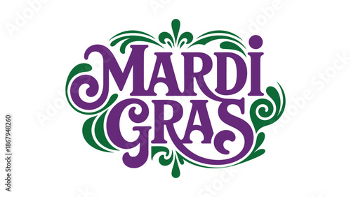 Mardi Gras festive typography logo design with decorative lettering celebrating carnival tradition, parade party culture and seasonal holiday celebration vector illustration