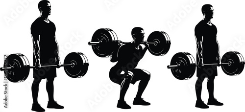 Set of Professional Weightlifter Silhouettes Featuring Male Athletes Performing Heavy Barbell Squats and Deadlifts for Gym Fitness and Bodybuilding Design Projects (21 words)