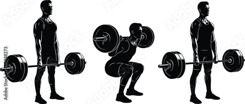 Set of Weightlifter Silhouettes Featuring Men Performing Squats and Deadlifts with Barbells for Gym Fitness Training and Bodybuilding Graphic Design Projects