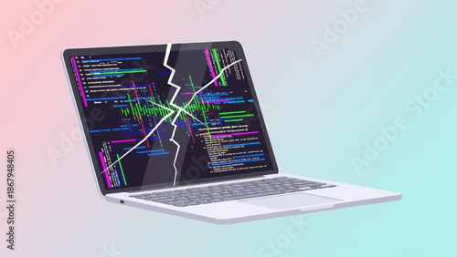Cracked Laptop Screen with Code Display.