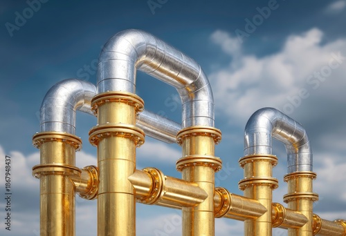 Industrial pipes and fittings against a cloudy sky backdrop