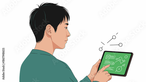 Man using digital tablet with green screen.