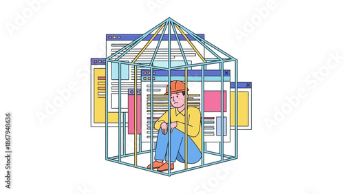 Man Sitting Inside Cage Illustration.