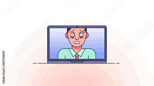 Man with Shocked Expression on Laptop Screen.