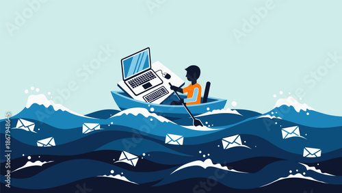 Man Working on Laptop in Ocean Waves.