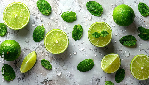 Citrus and mint scattered over ice, vibrant cooling drink concept. Lime slices with fresh herbs and crystals, sparkling refreshment flatlay. Iced lime composition on light surface, crisp summer bevera