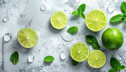 Icy lime slices with mint on gray stone, refreshing summer flatlay. Fresh citrus rounds, mint leaves, water drops, clean cooling concept. Chilled lime flatlay on marble texture, bright beverage backgr