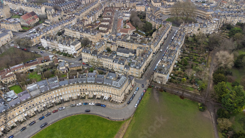 Aerial view at the edge of Royal Crescent with a view of the rows of Georgian houses in Bath
