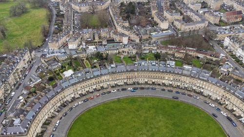 High-angle aerial of Royal Crescent in Bath, UK