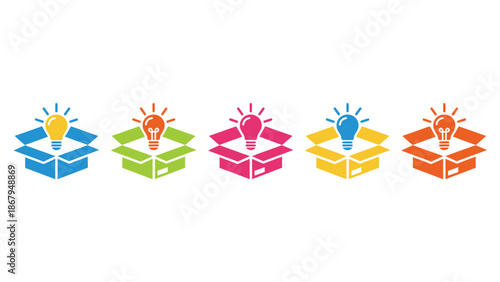 Vibrant light bulb ideas emerging from colorful boxes