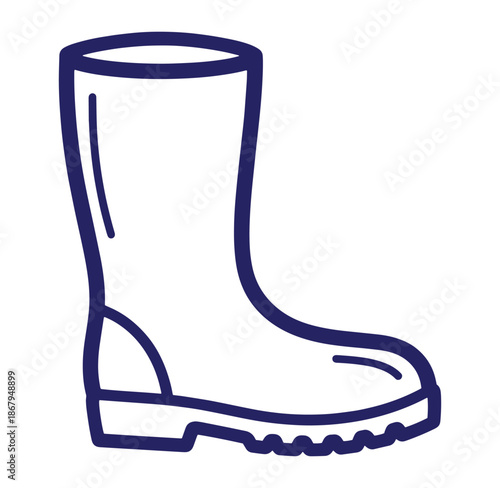 Outlined vector illustration of a single blue rain boot for weather and outdoor concepts