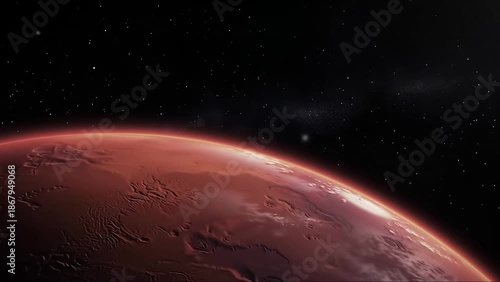 Orbiting Mars Planet in Outer Space with Stars and Nebula.