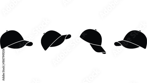 Four black baseball caps in different angles