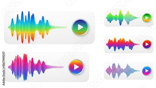 Audio wave forms with play button on white background, bright colors