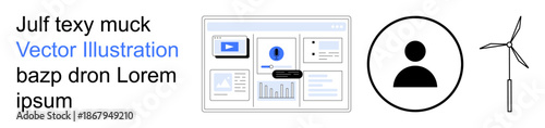 Renewable energy, technology, user interface design, personal identity, energy management, environmental solutions. A dashboard layout, person icon and wind turbine. Renewable energy and technology