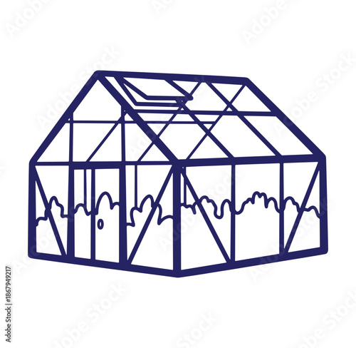 Simple blue greenhouse illustration representing gardening nature and freshly grown organic plants