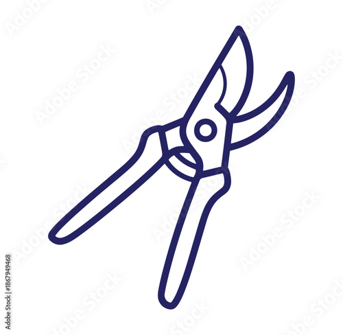 Simple blue outline illustration of gardening secateurs isolated on a white background
