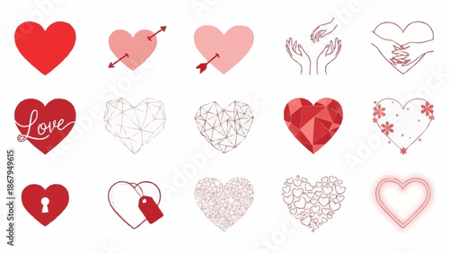 Collection of diverse heart shapes and symbols for love and romance.