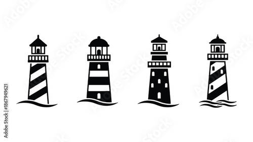 Set of four different black lighthouse silhouettes on water