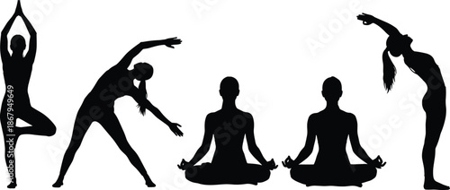 Collection of Yoga Woman Silhouettes Performing Various Poses Including Tree Pose and Meditation for Wellness Health and Fitness Concept Background