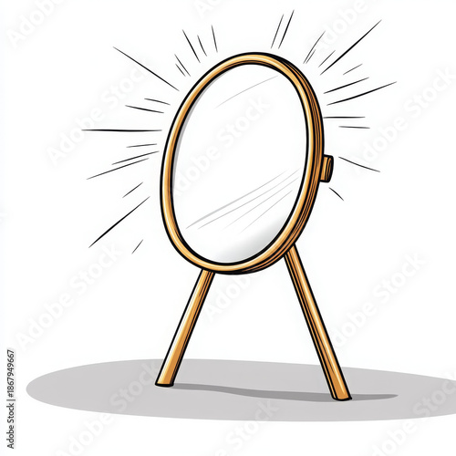Shining mirror illustration with wooden frame, hand drawn style, simple and bright