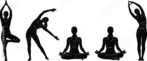 Collection of Yoga Woman Silhouettes Performing Various Poses Including Tree Pose and Meditation for Wellness Health and Fitness Concept White Background