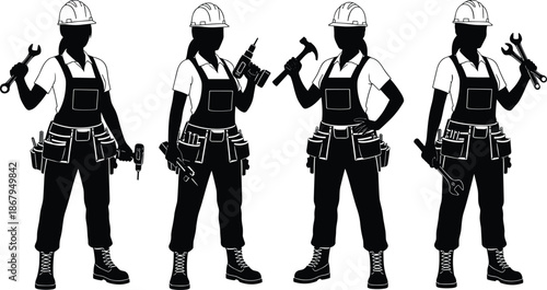 Handyman Repairman Cartoon Character Set Wearing Overalls Holding Toolbox Wrench and Clipboard for Home Maintenance and Professional Service Vector Illustration