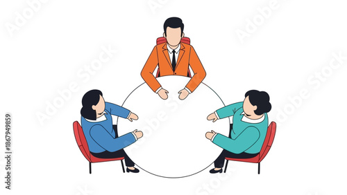 Three People Sitting Around Table Discussing.