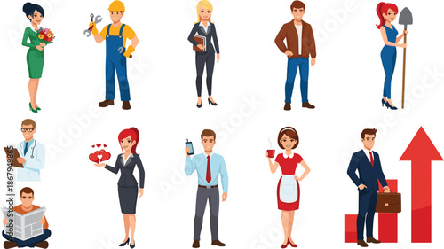 Large Collection of Professional People Cartoon Characters Including Construction Workers Doctors Business Staff and Service Industry Workers Vector Illustration Isolated