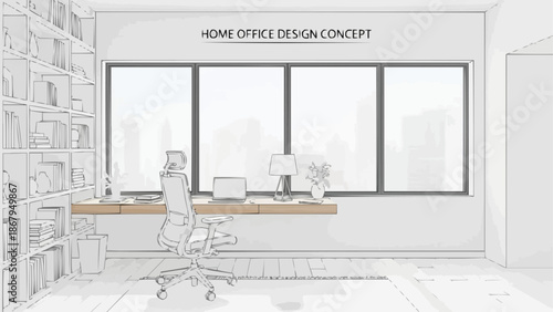 Modern Home Office Design Concept with Large Window and Bookshelf.