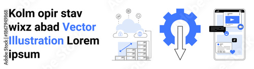 Cloud computing, software development, data storage, digital workflow, process automation, and technology use. Cloud server, gear mobile interface with play button. Cloud computing and software