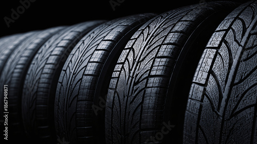 A row of new car tires, perfect for any vehicle, each with intricate tread patterns. They are ready to provide excellent grip and performance on the road.
