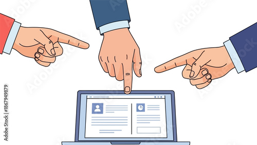 Three Hands Pointing at Laptop Screen Together.