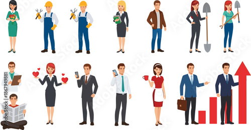 Large Set of Diverse Professional People Cartoon Characters Including Construction Workers Business People Doctors and Service Staff Vector Illustration Isolated
