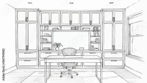 Modern Home Office Design with Built-in Cabinetry and Desk.