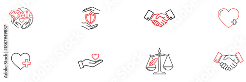 A collection of hand-drawn icons representing love, charity, justice, and partnership on a white background