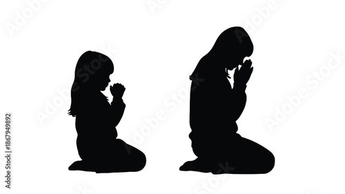 Silhouettes of girl and woman praying together in serene moment