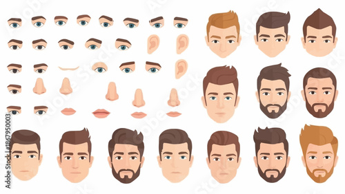 Collection of Male Facial Features and Expressions for Animation.
