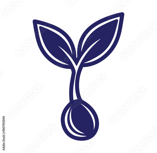 Simple illustration of a seed germinating with two leaves emerging isolated on white background