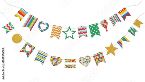 Colorful patterned festive bunting strings and flags for celebrating special occasions and party decorations