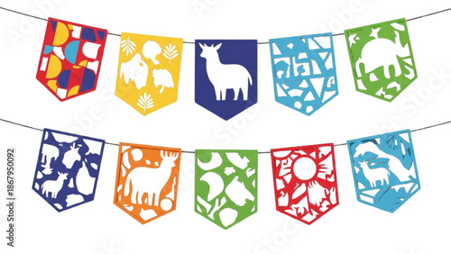 Traditional Papel Picado Bunting Flags with Folkloric Animal and Sun Designs