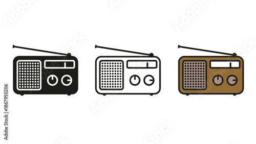 Vintage radios in black, white, and brown colors
