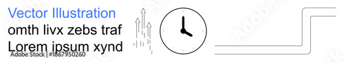 Time management, productivity tracking, growth strategy, efficiency, workflow planning, conceptual analysis. A clock icon, rising arrows and a linear diagram. Time management and productivity