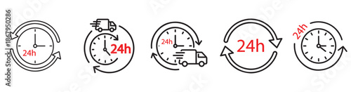 A set of icons representing 24-hour delivery and service