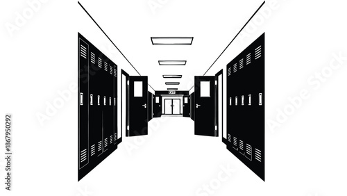 Empty school hallway with open lockers and doors